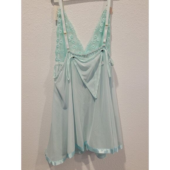 NWT Spree Aqua Teal Babydoll Lingerie w/ Embroidered Top & Bow, Size XL - Picture 3 of 7